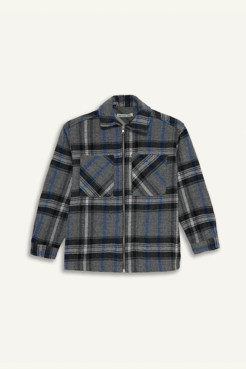 DeFacto Blue Boy Boy Polo Neck Plaid Zippered Jacket Casual - Image 5